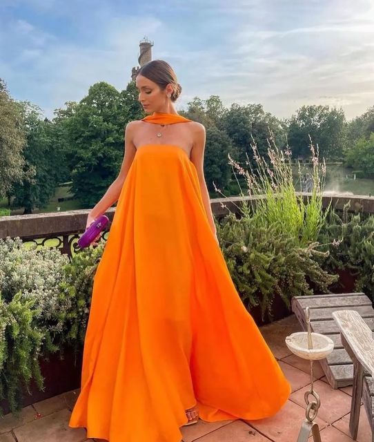 TingPo Wholesale Sexy A line Strapless Chiffon Organge Long Prom Dresses